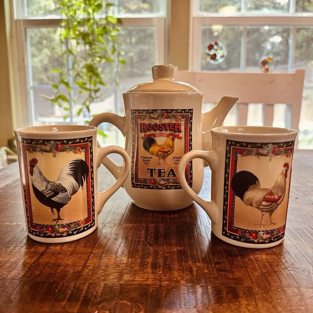 Bay Island Inc. Rooster Brand Ceramic Tea Set-Teapot with Lid & 2 Matching Mugs